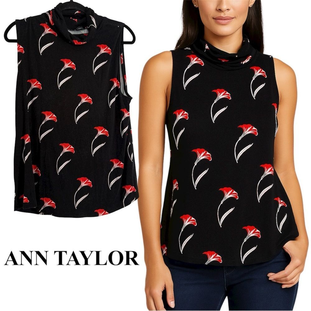 Ann Taylor Black Floral Cowl Neck Sleeveless Top